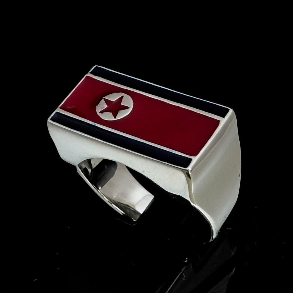 Men's Flag Ring featuring the North Korean flag, crafted from sterling silver with red and blue enamel accents.