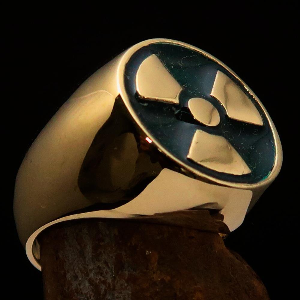 Men's Gamer Ring featuring a radioactive symbol in green enamel, crafted from solid brass with a high polish finish.