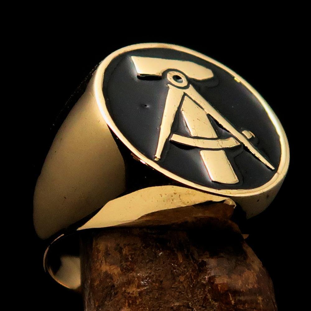 Men's GDR Socialist Ring Hammer Compasses in solid brass with black enamel finish, showcasing the Socialist emblem.