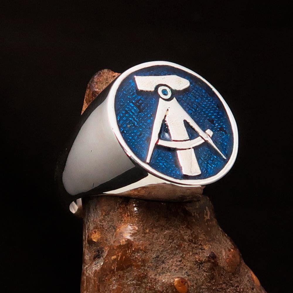Men's GDR Socialist Ring Hammer Compasses in solid sterling silver with blue enamel finish, showcasing intricate design and hallmark 925.