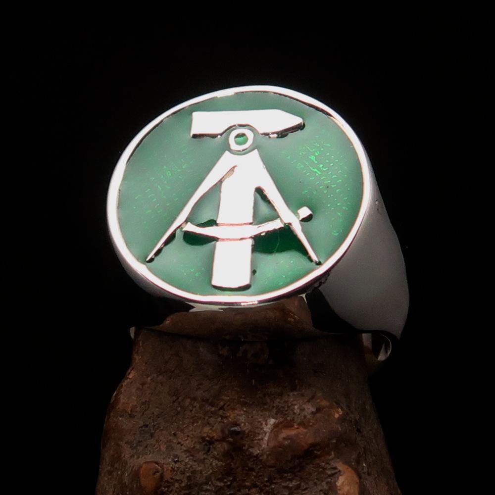 Men's GDR Socialist Ring Hammer Compass in solid sterling silver with green enamel finish, showcasing its unique design and craftsmanship.