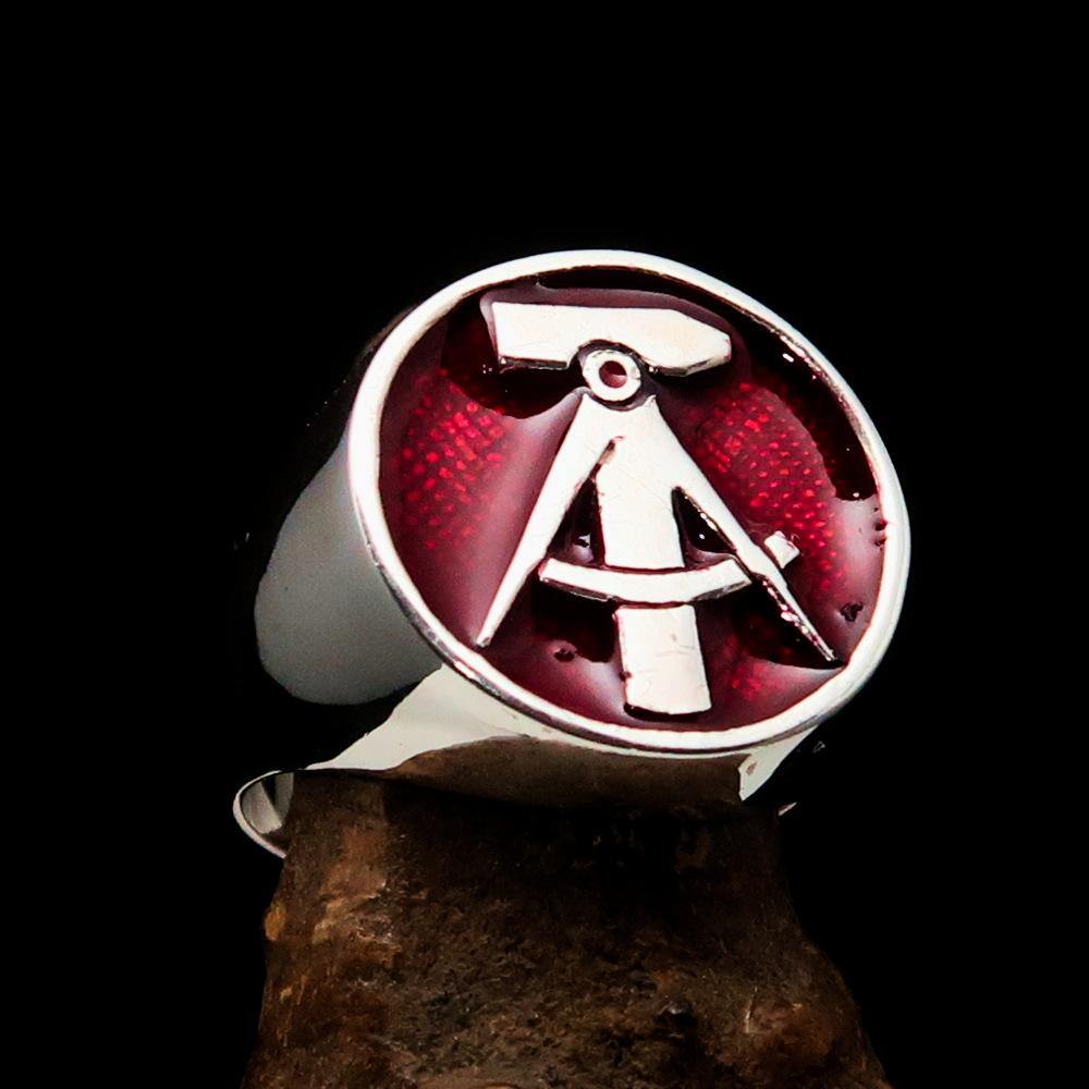 Men's GDR Socialist Ring Hammer Compasses in solid sterling silver with red enamel finish, showcasing the crest design.