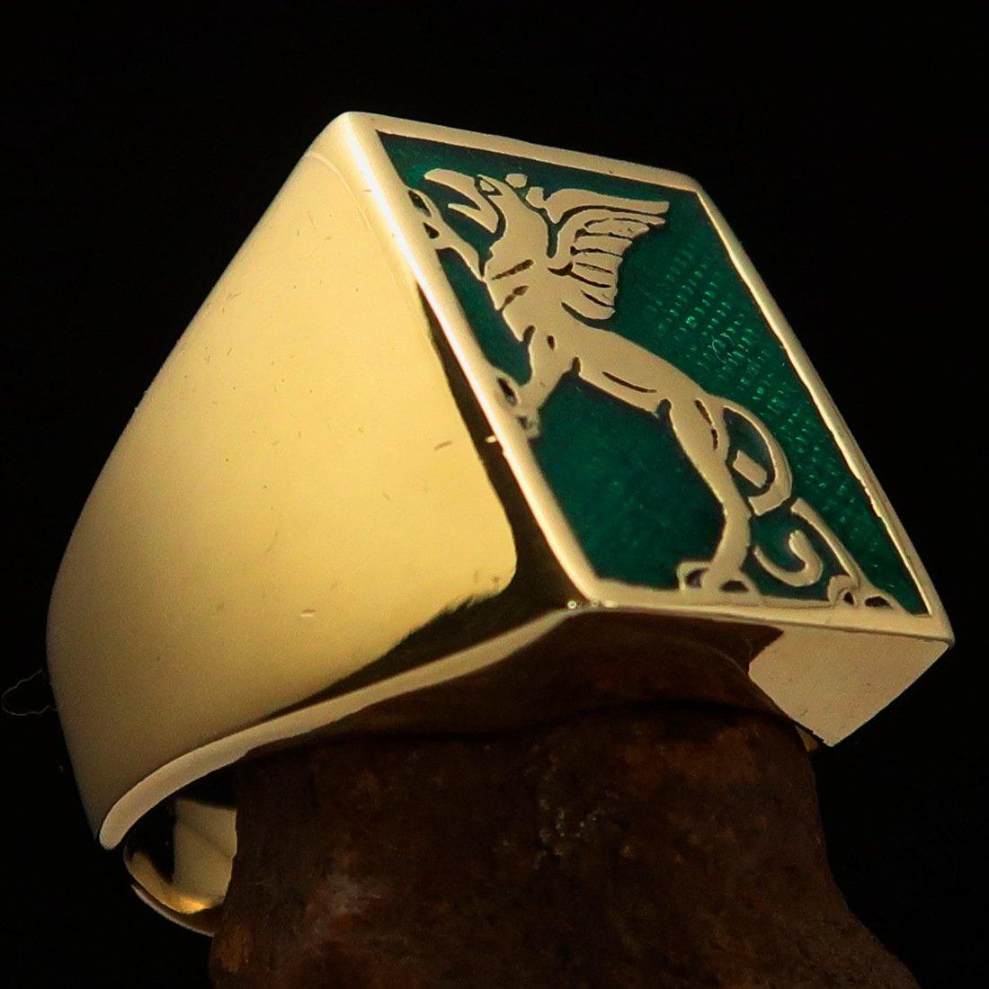 Men's Green Griffin Ring made of solid brass with high polish and green enamel finish, showcasing a griffin design.