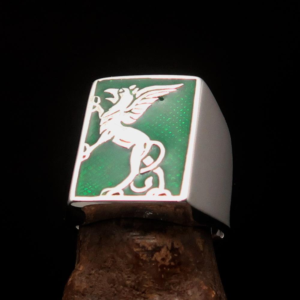 Men's Green Griffin Ring crafted in sterling silver with intricate griffin design and vibrant green enamel accents.