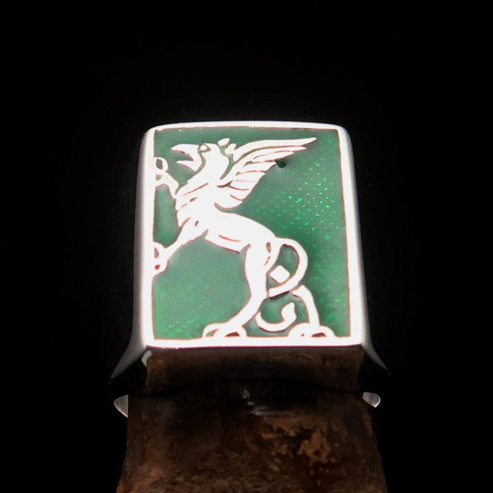 Men's Green Griffin Ring crafted in sterling silver with intricate griffin design and vibrant green enamel accents.