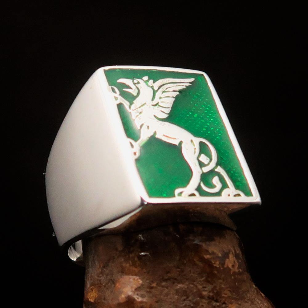 Men's Green Griffin Ring crafted in sterling silver with intricate griffin design and vibrant green enamel accents.