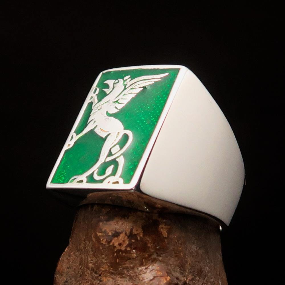 Men's Green Griffin Ring crafted in sterling silver with intricate griffin design and vibrant green enamel accents.