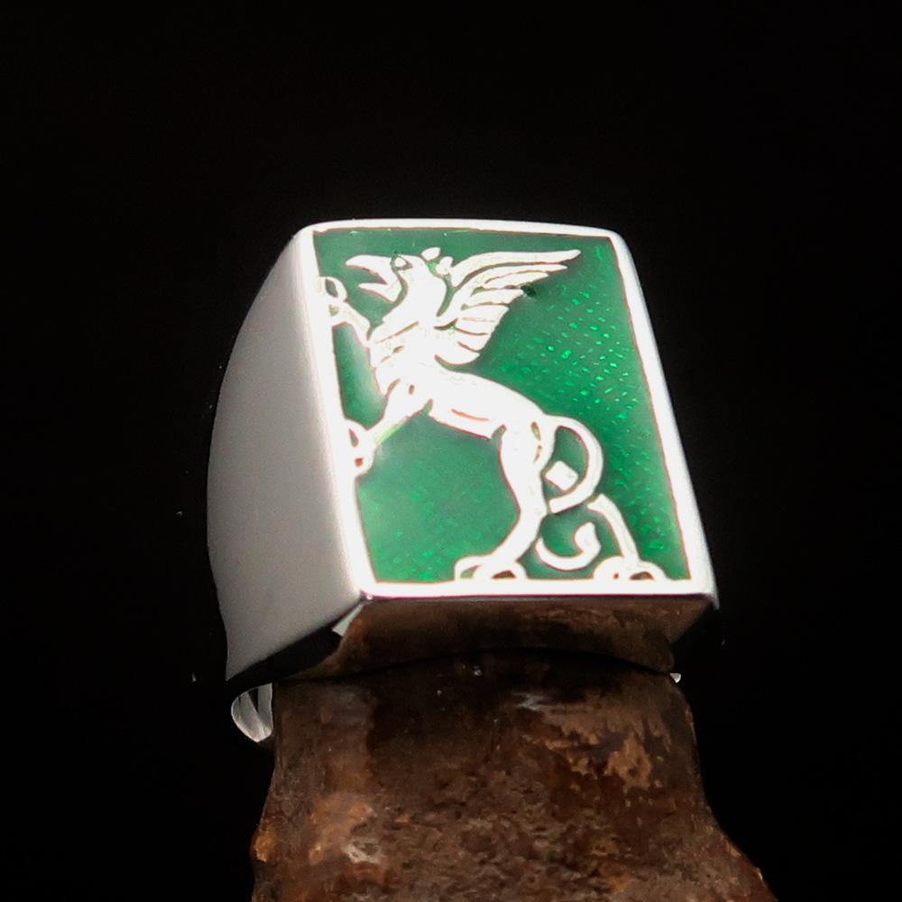 Men's Green Griffin Ring crafted in sterling silver with intricate griffin design and vibrant green enamel accents.