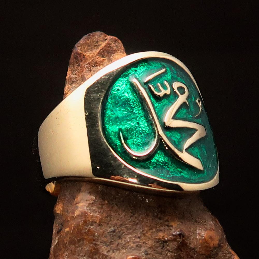 Men's green Muhammad Muslim pinky ring made of solid brass with high polish and enamel finish, showcasing its elegant design.