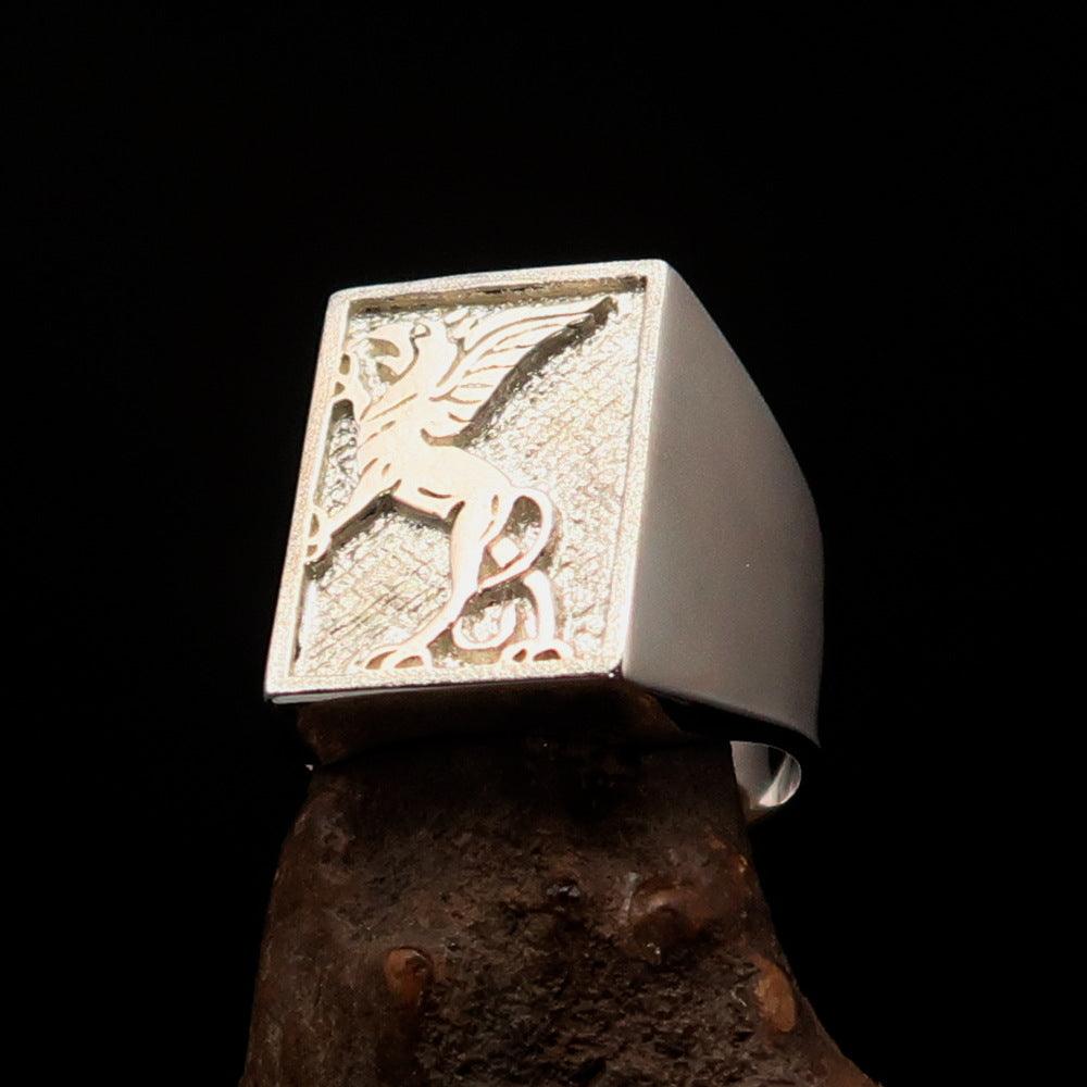 Men's Griffin Ring Griffon in two-tone Sterling Silver, showcasing high polish and matte finishes, perfect for stylish men.