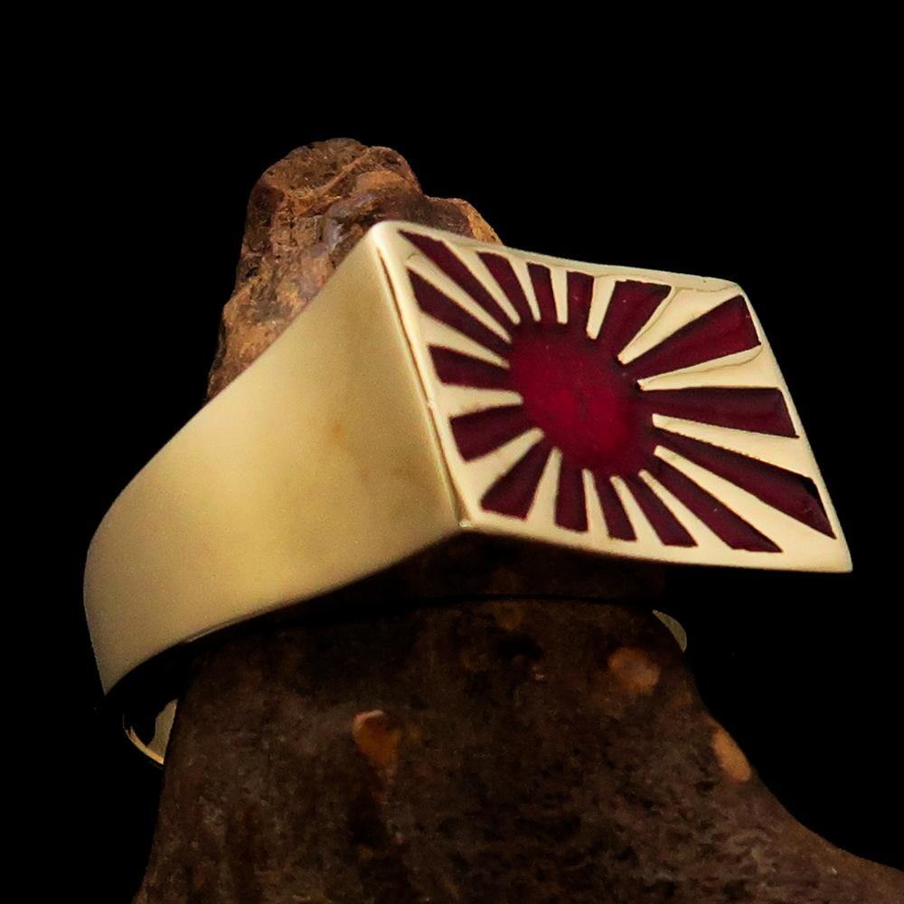Men's Japanese War Flag Ring featuring a red Raising Sun design, crafted from solid brass with a high-polished finish.