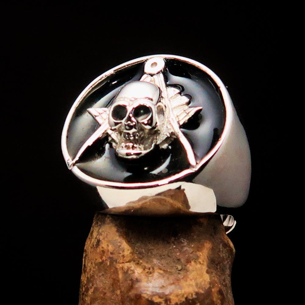 Men's Masonic Skull Ring made of solid sterling silver with black enamel finish, showcasing intricate design and hallmark 925.