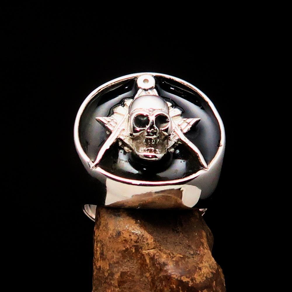 Men's Masonic Skull Ring made of solid sterling silver with black enamel finish, showcasing intricate design and hallmark 925.