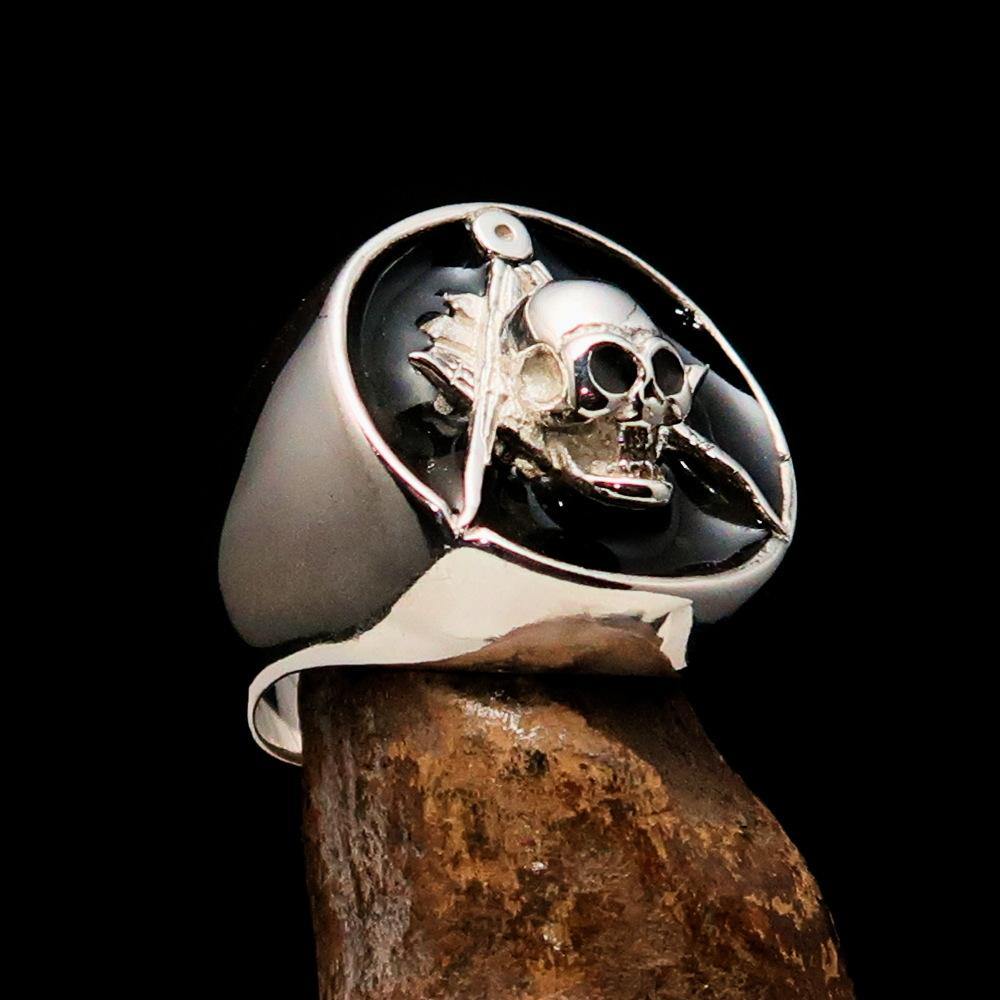 Men's Masonic Skull Ring made of solid sterling silver with black enamel finish, showcasing intricate design and hallmark 925.