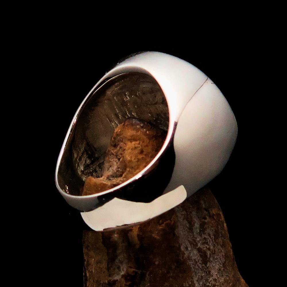 Men's Masonic Skull Ring made of solid sterling silver with black enamel finish, showcasing intricate design and hallmark 925.