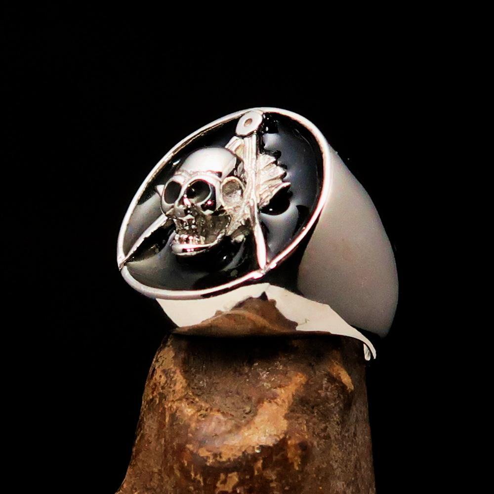 Men's Masonic Skull Ring made of solid sterling silver with black enamel finish, showcasing intricate design and hallmark 925.