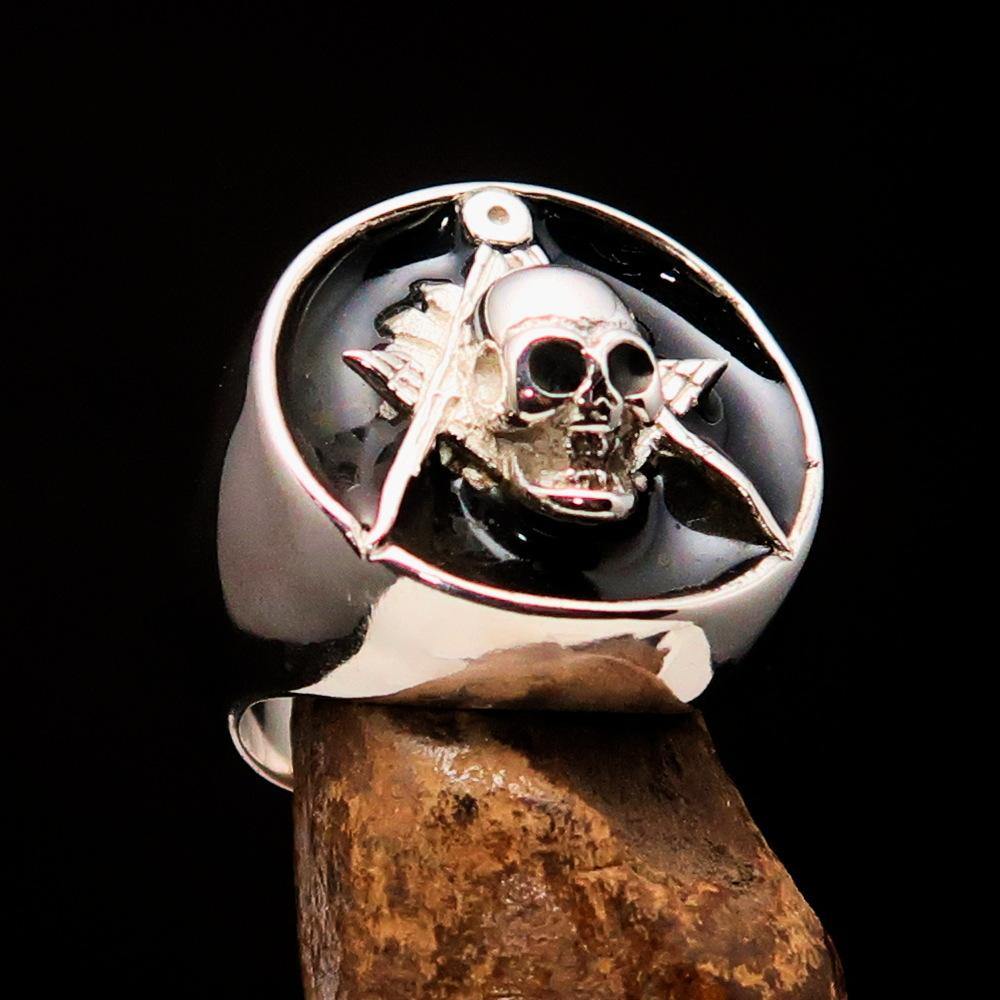 Men's Masonic Skull Ring made of solid sterling silver with black enamel finish, showcasing intricate design and hallmark 925.