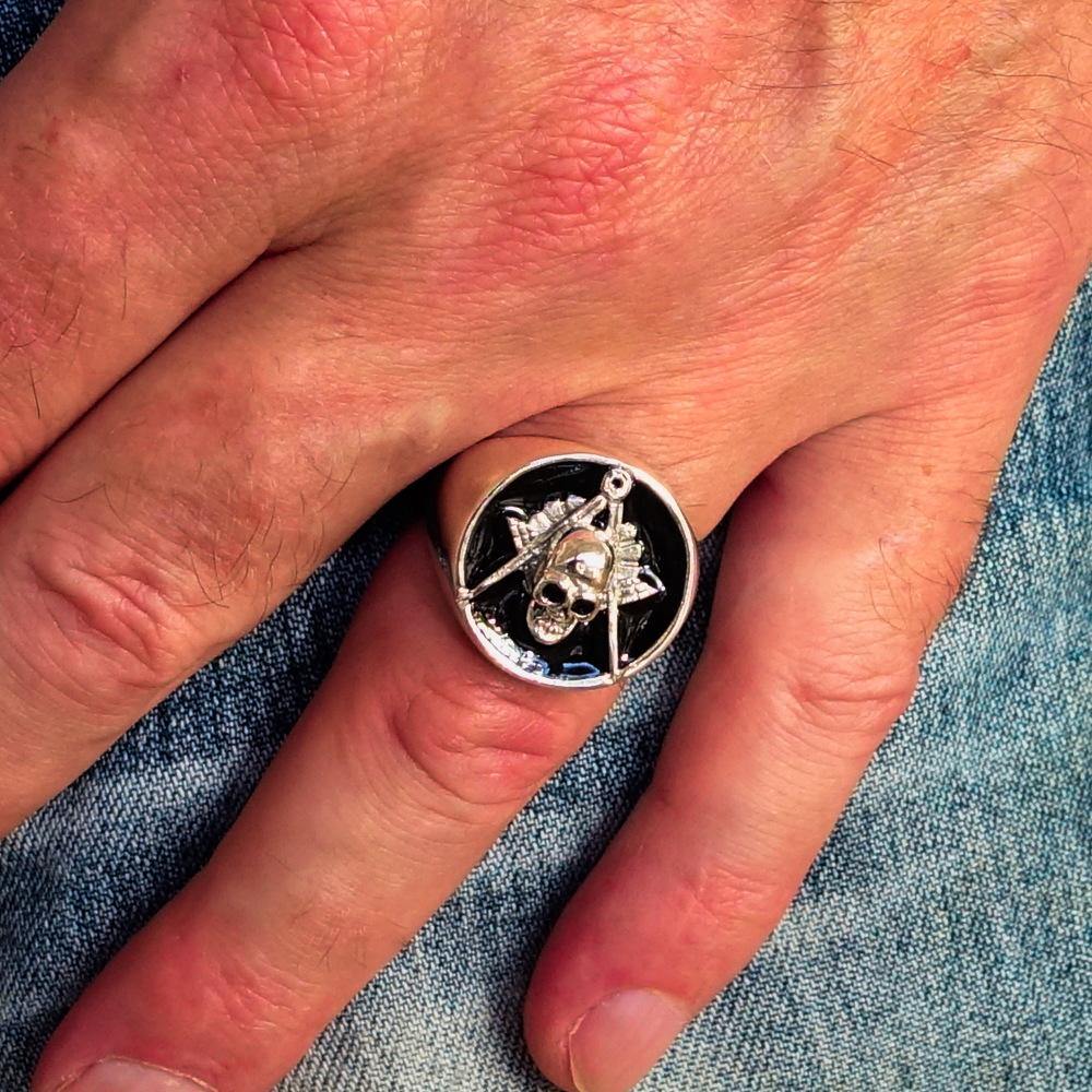 Men's Masonic Skull Ring made of solid sterling silver with black enamel finish, showcasing intricate design and hallmark 925.