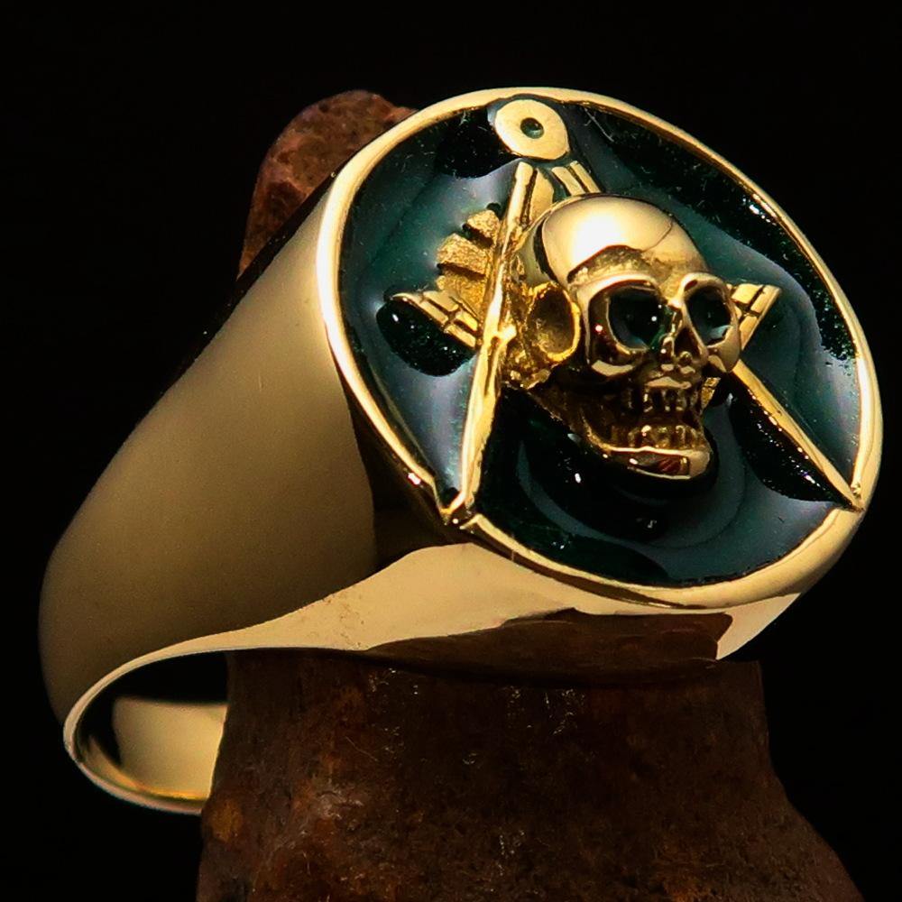 Men's Masonic Skull Ring made of solid brass with a high polished finish and vibrant green enamel, showcasing a unique skull design.