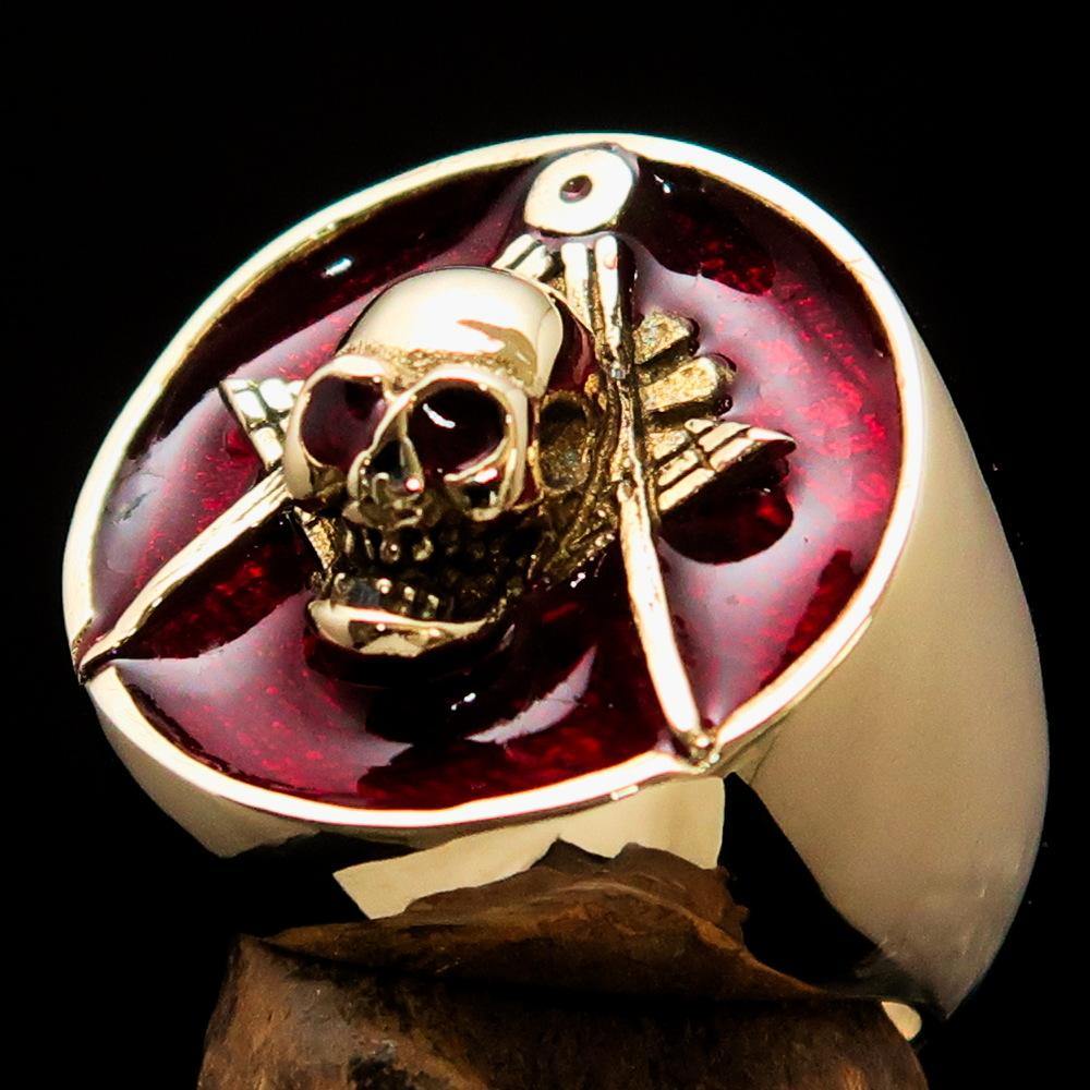 Men's Masonic Skull Ring made of solid brass with a high polished finish and red enamel detailing.