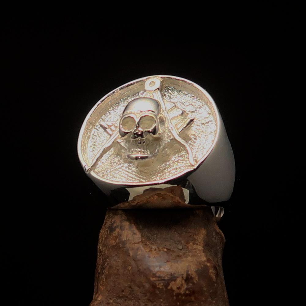 Men's Masonic Skull Ring in Two-Tone Matte Sterling Silver, showcasing a unique skull design and hallmarked 925 for authenticity.