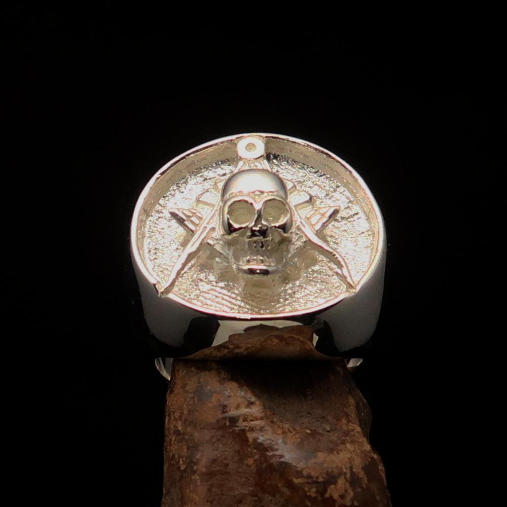 Men's Masonic Skull Ring in Two-Tone Matte Sterling Silver, showcasing a unique skull design and hallmarked 925 for authenticity.