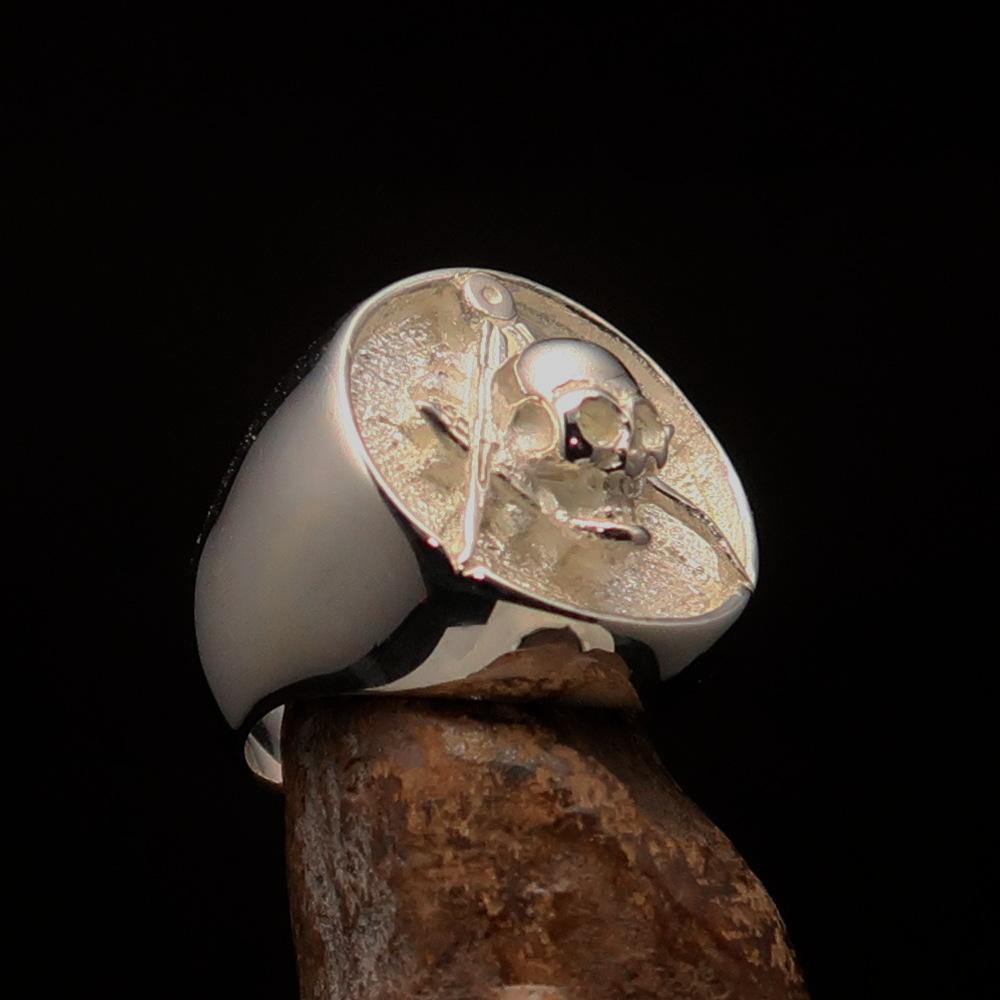 Men's Masonic Skull Ring in Two-Tone Matte Sterling Silver, showcasing a unique skull design and hallmarked 925 for authenticity.