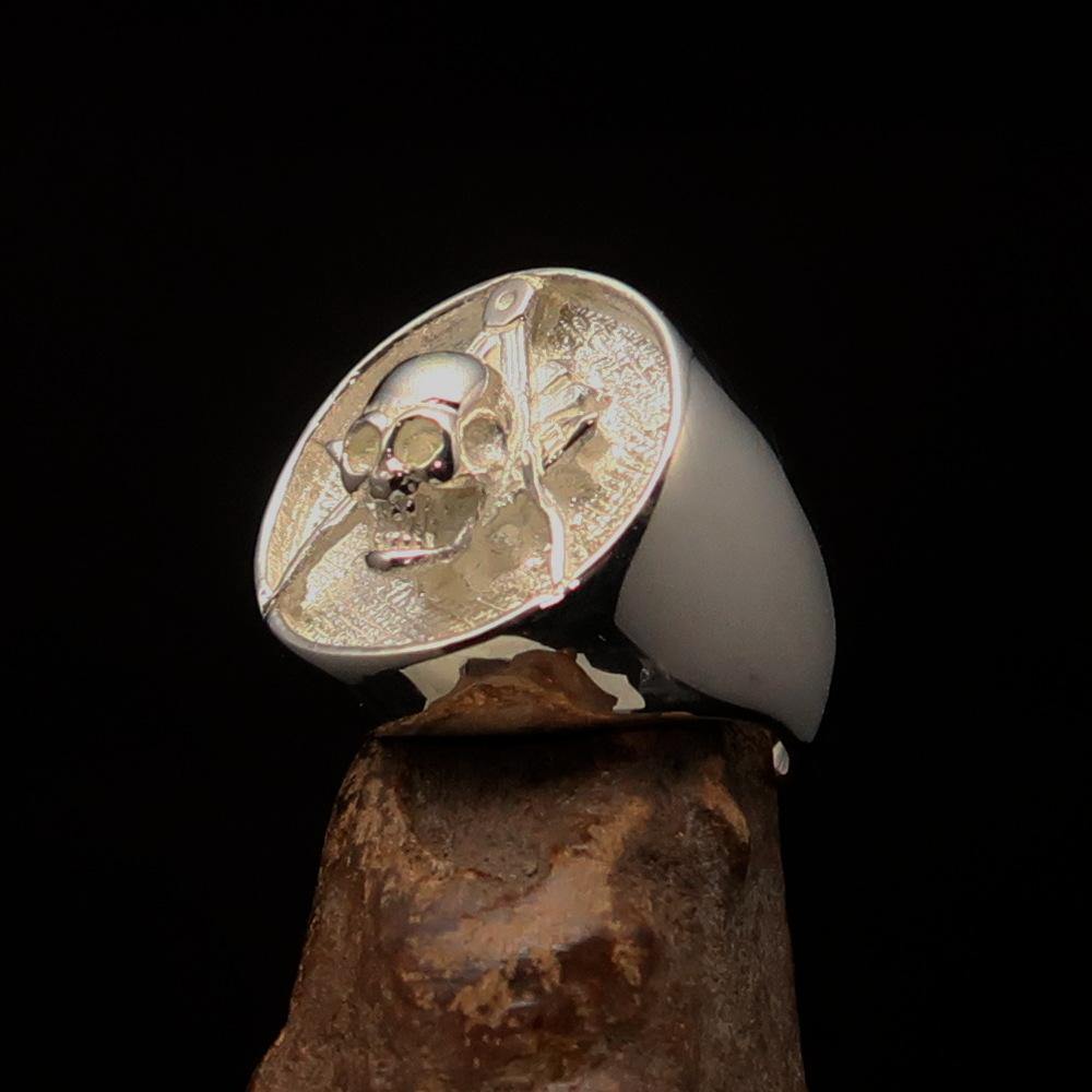 Men's Masonic Skull Ring in Two-Tone Matte Sterling Silver, showcasing a unique skull design and hallmarked 925 for authenticity.