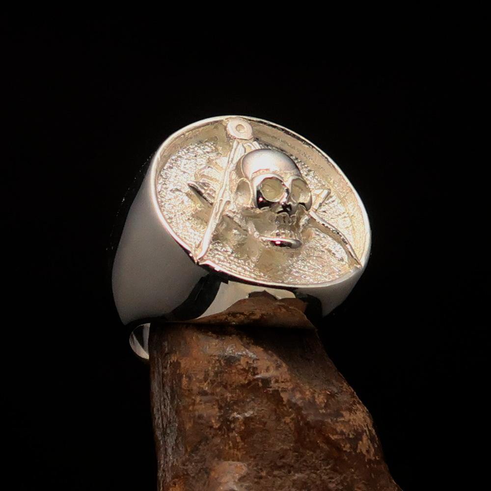 Men's Masonic Skull Ring in Two-Tone Matte Sterling Silver, showcasing a unique skull design and hallmarked 925 for authenticity.
