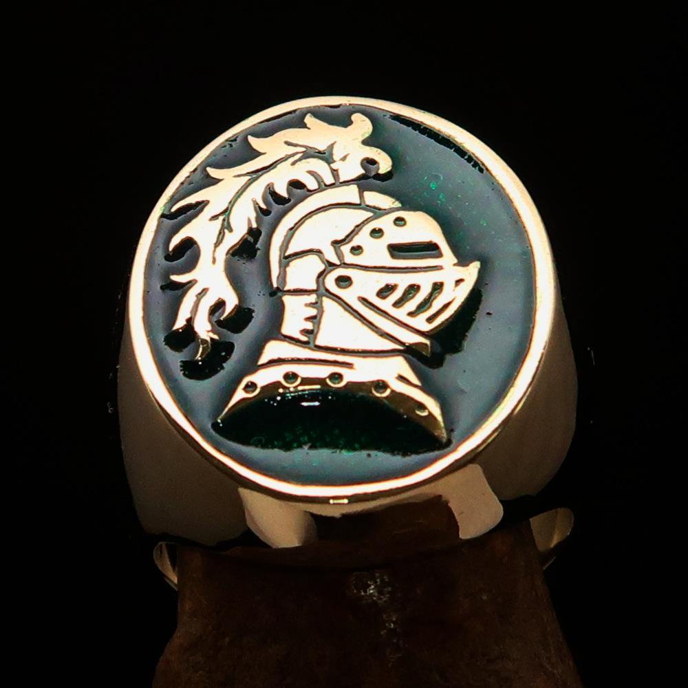 Men's Medieval Ring Brave Knight in solid brass with green enamel finish, showcasing intricate design and polished surface.