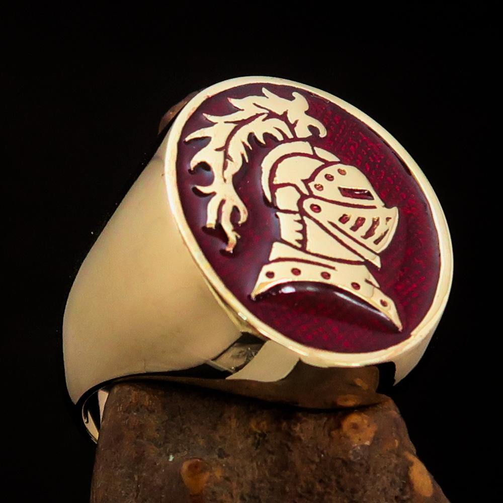 Men's Medieval Ring Brave Knight in solid brass with red enamel finish, showcasing intricate design and polished surface.