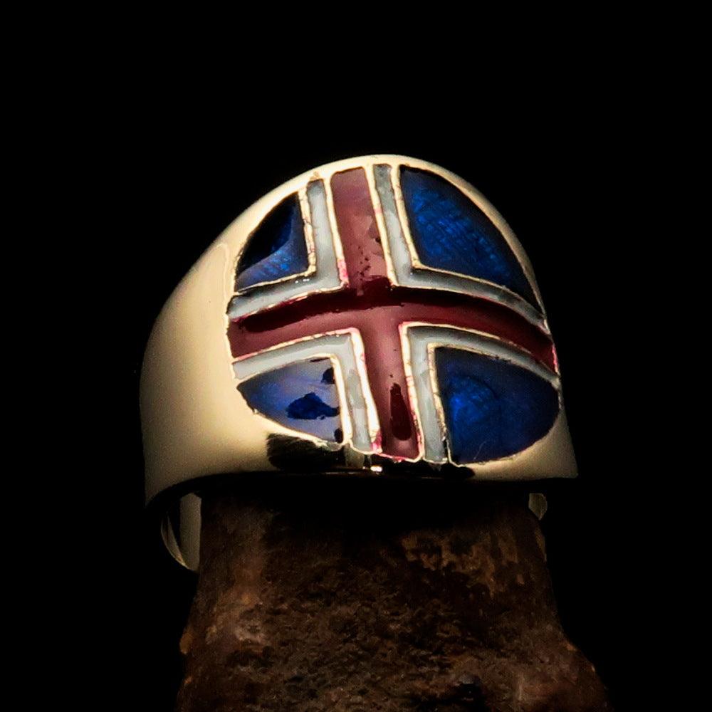 Men's National Flag Ring Iceland made of solid brass with high polished enamel finish, showcasing vibrant colors and intricate design.