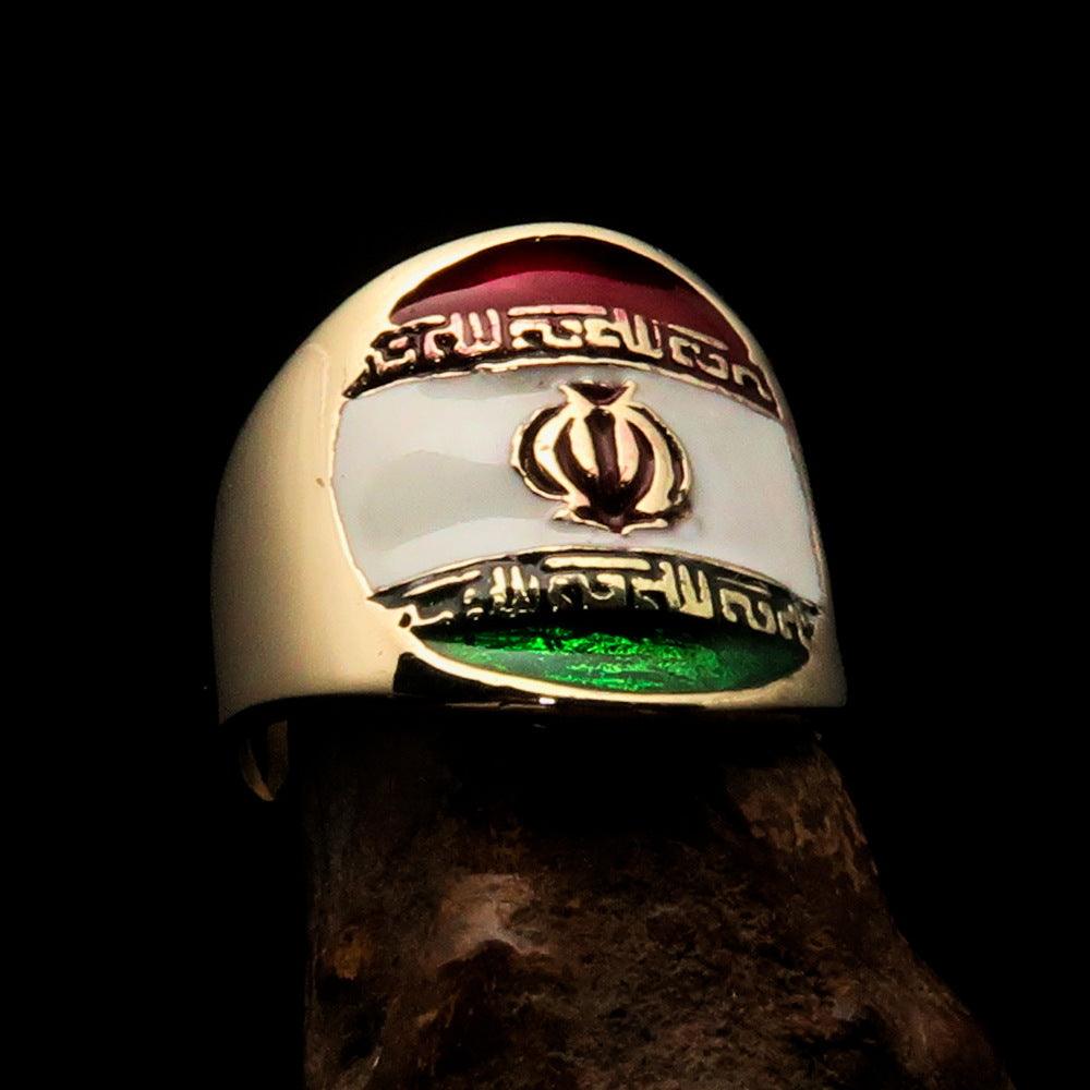 Men's National Flag Ring Iran made of solid brass with high polish and enamel finish, showcasing vibrant colors of the Iranian flag.