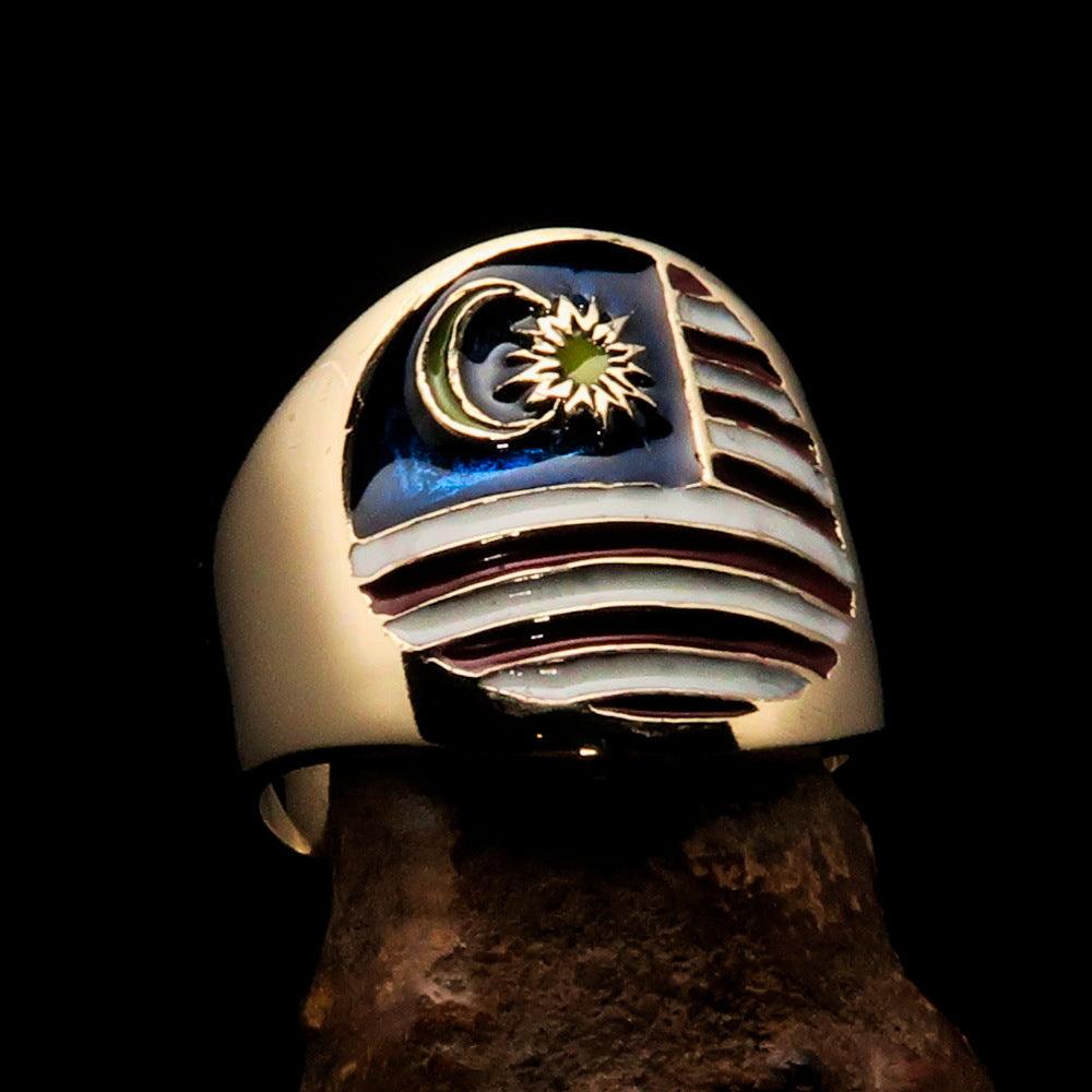 Men's National Flag Ring Malaysia made of solid brass with high polish and enamel detailing, showcasing the Malaysian flag.