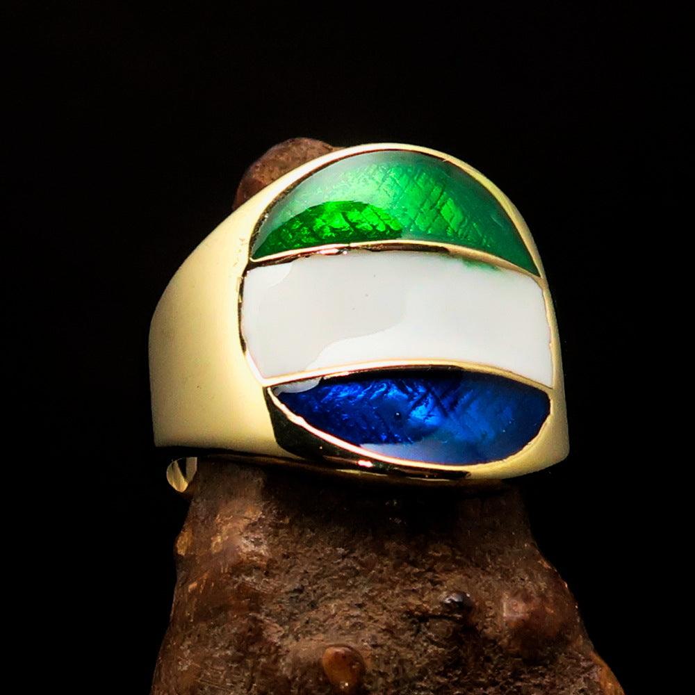 Men's National Flag Ring Sierra Leone made of solid brass with high polish and enamel finish, showcasing vibrant flag colors.