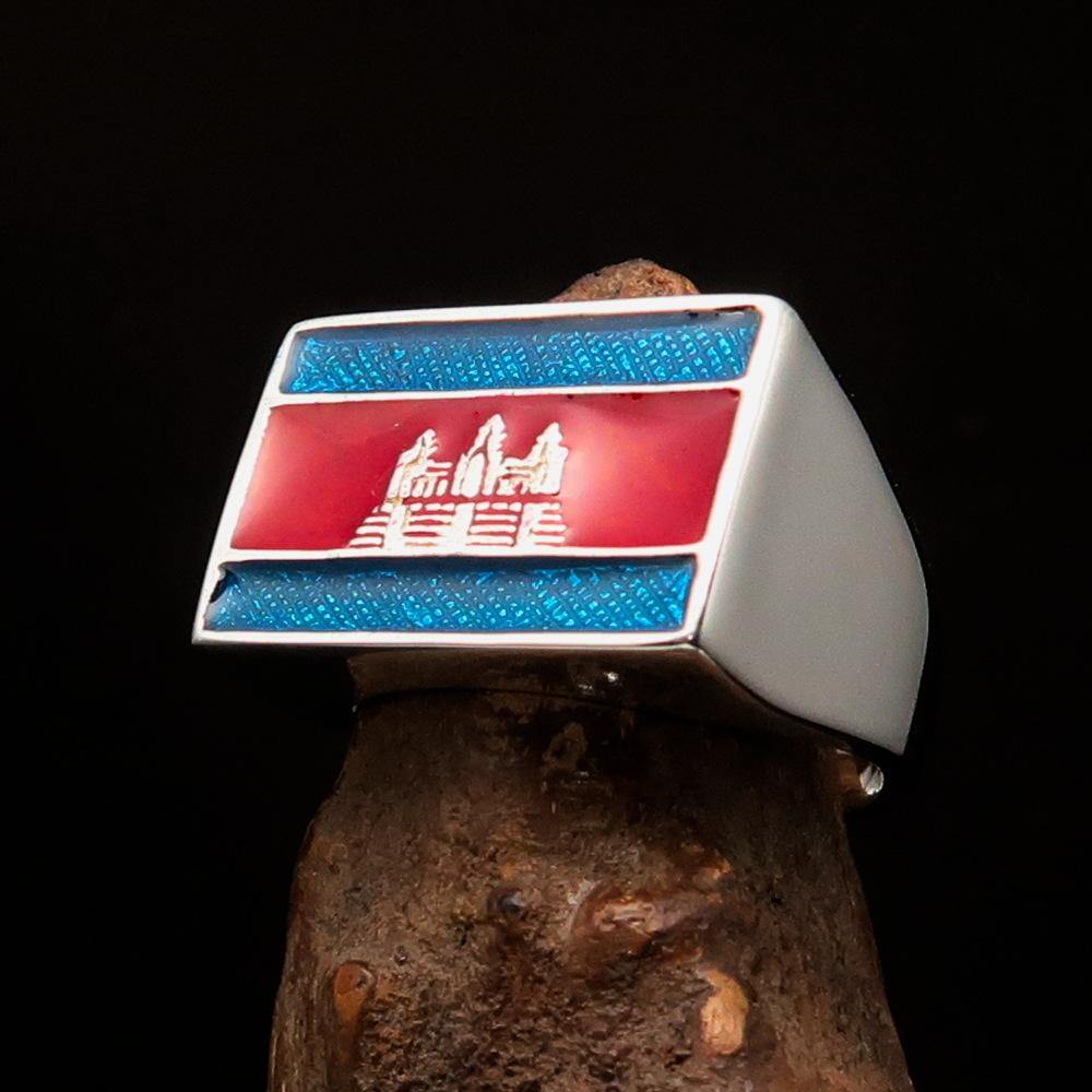 Men's rectangle flag ring crafted from sterling silver with blue and red enamel, showcasing Cambodian heritage.