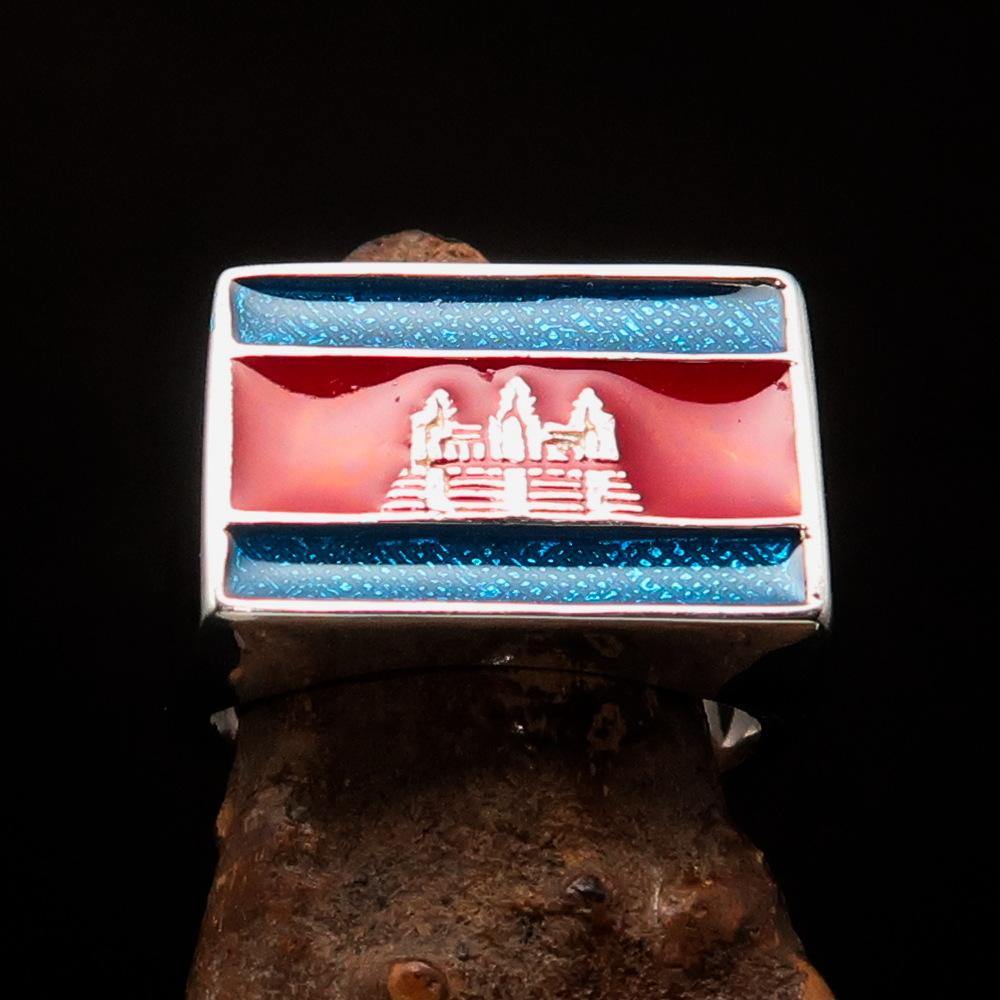 Men's rectangle flag ring crafted from sterling silver with blue and red enamel, showcasing Cambodian heritage.