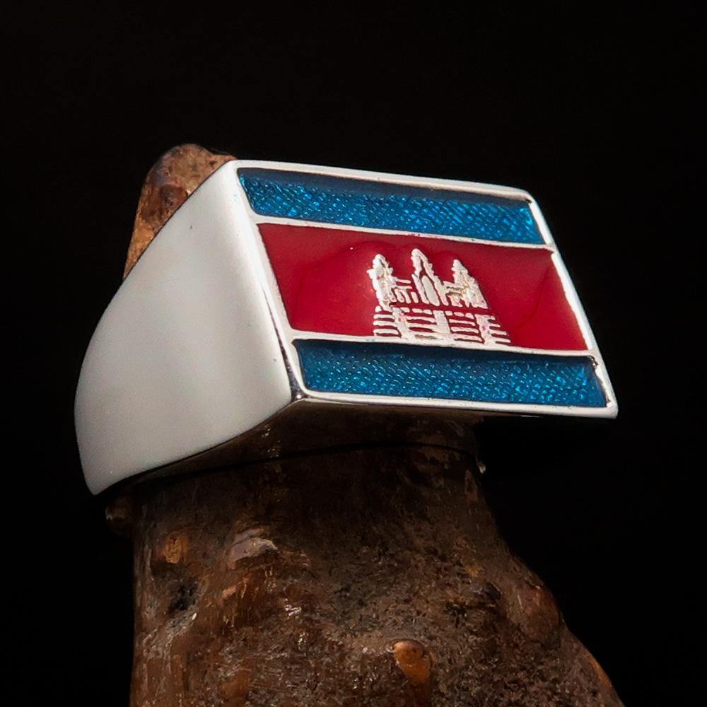 Men's rectangle flag ring crafted from sterling silver with blue and red enamel, showcasing Cambodian heritage.