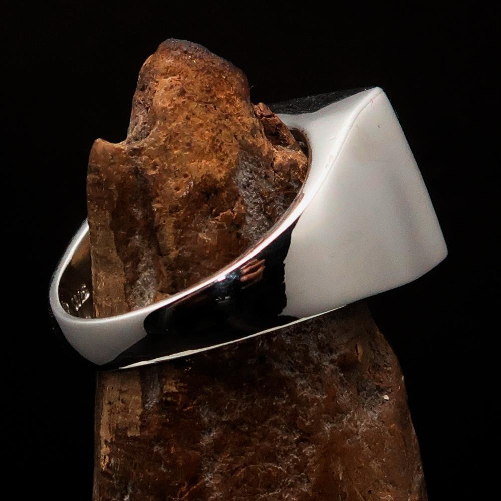 Men's rectangle flag ring crafted from sterling silver with blue and red enamel, showcasing Cambodian heritage.