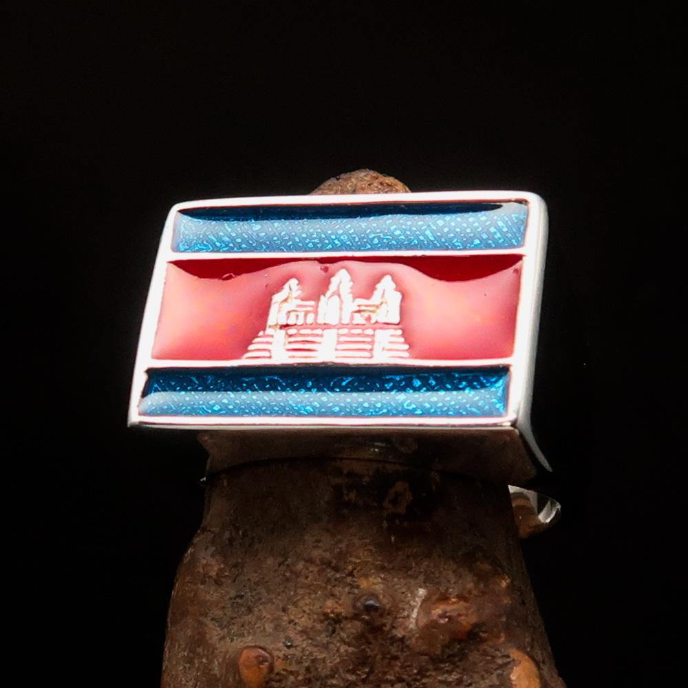 Men's rectangle flag ring crafted from sterling silver with blue and red enamel, showcasing Cambodian heritage.