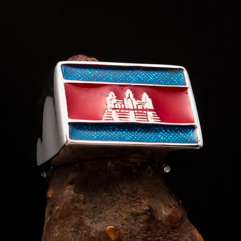 Men's rectangle flag ring crafted from sterling silver with blue and red enamel, showcasing Cambodian heritage.