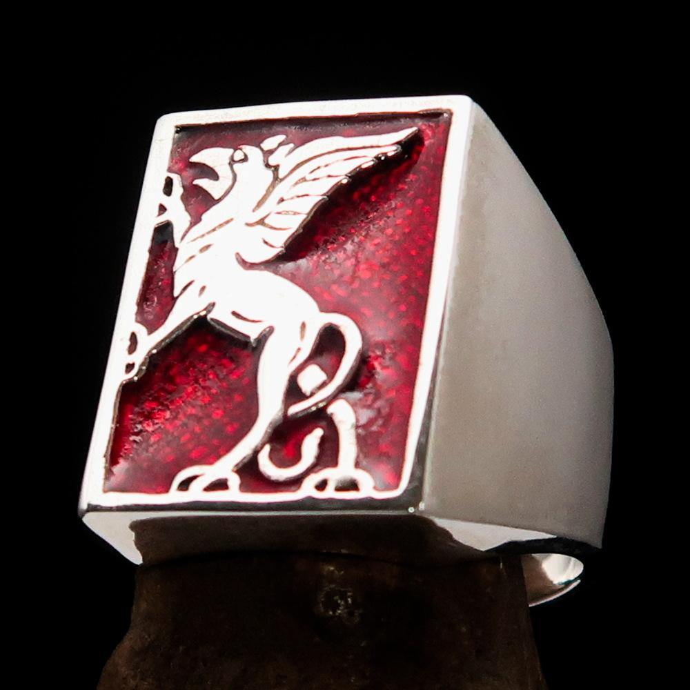 Men's Red Griffin Ring crafted in sterling silver with intricate griffin design and red enamel accents, showcasing a polished finish.