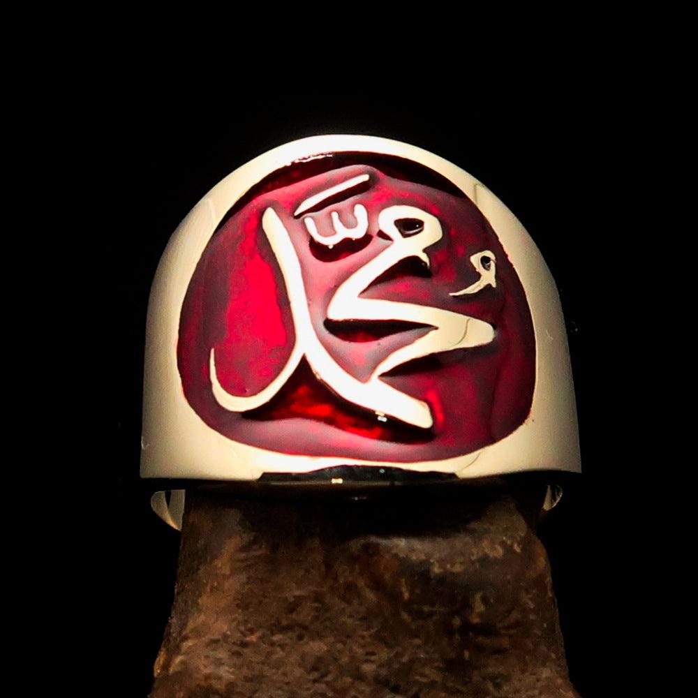 Men's red Muhammad Muslim pinky ring made of solid brass with high polish and red enamel finish.