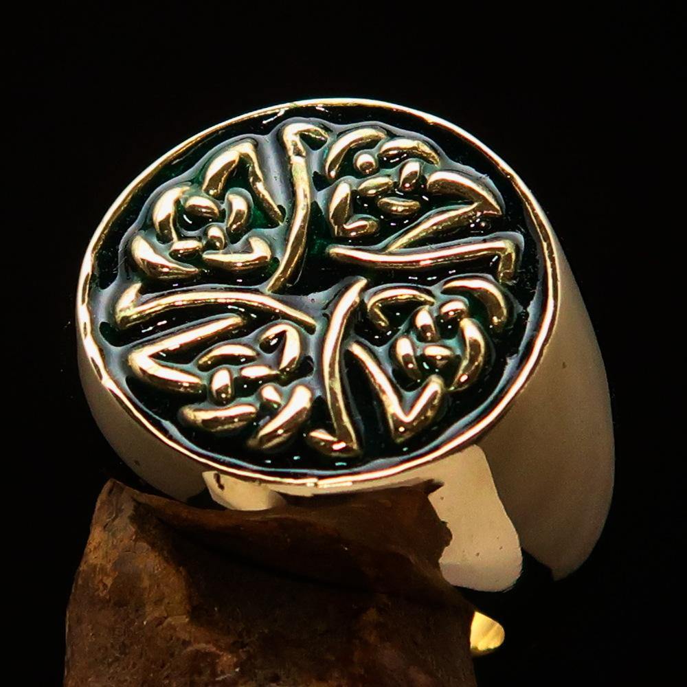 Men's Ring featuring Celtic Birgit's Cross design in solid brass with green enamel finish, showcasing intricate details and high polish.