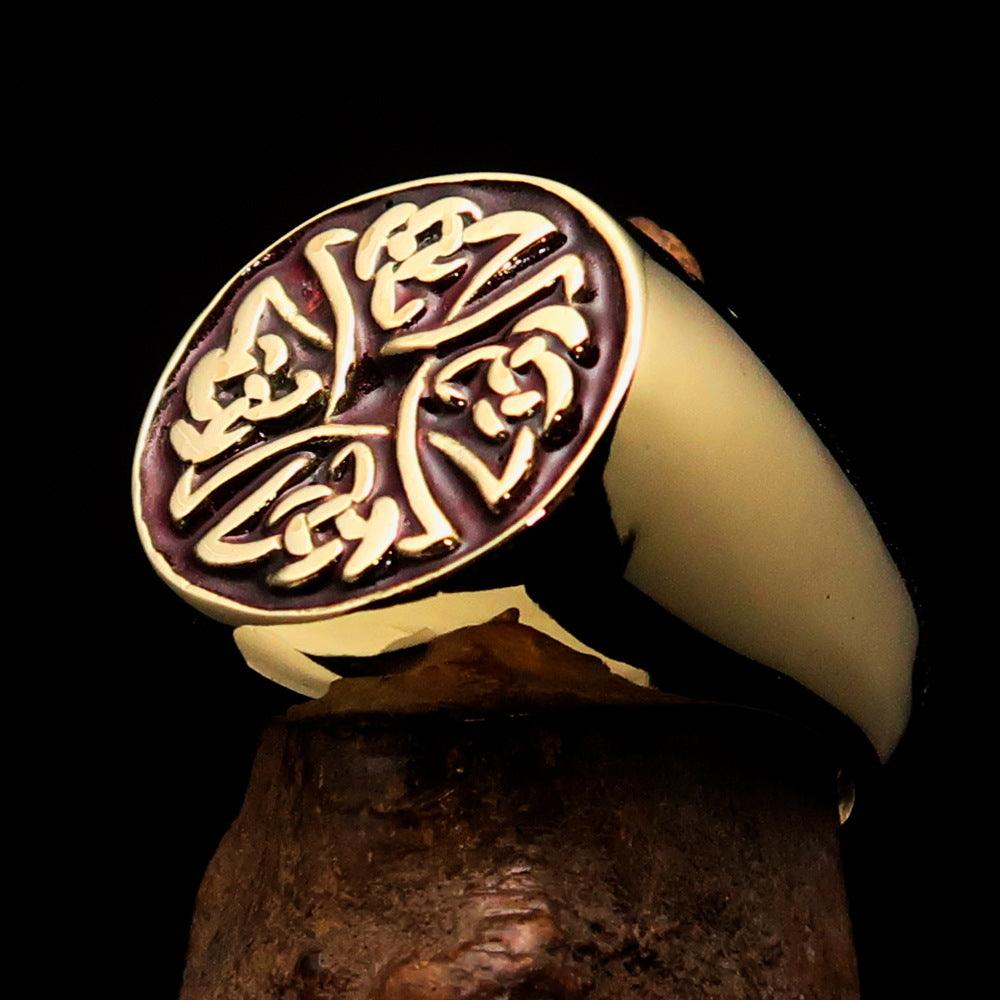 Men's ring featuring Celtic Birgit's Cross design in solid brass with a high polished finish and red enamel accents.