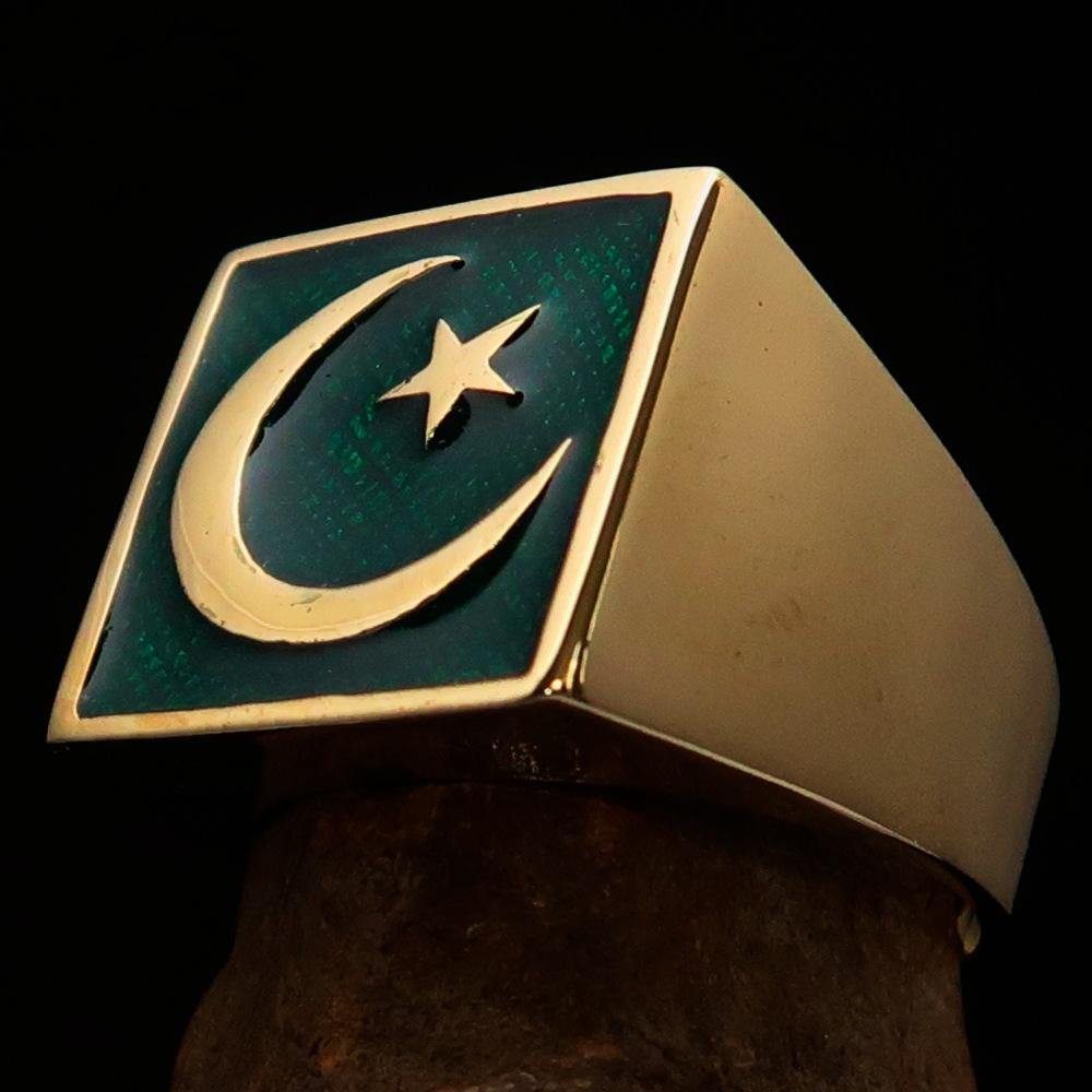 Solid Brass Men's Ring featuring a Crescent Moon and Star design with vibrant green enamel finish, showcasing its elegant craftsmanship.