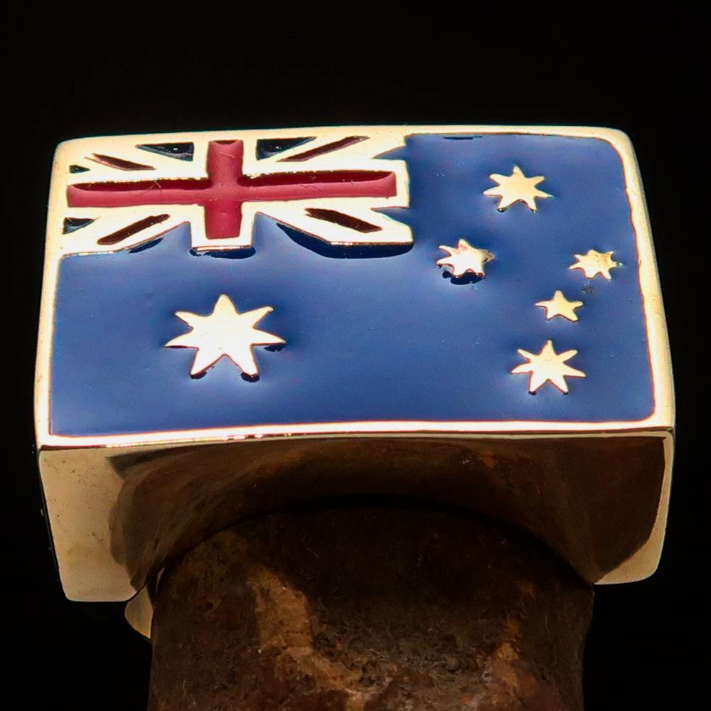 Solid Brass Men's Ring featuring the Flag of Australia with blue and red enamel, showcasing high polish and craftsmanship.