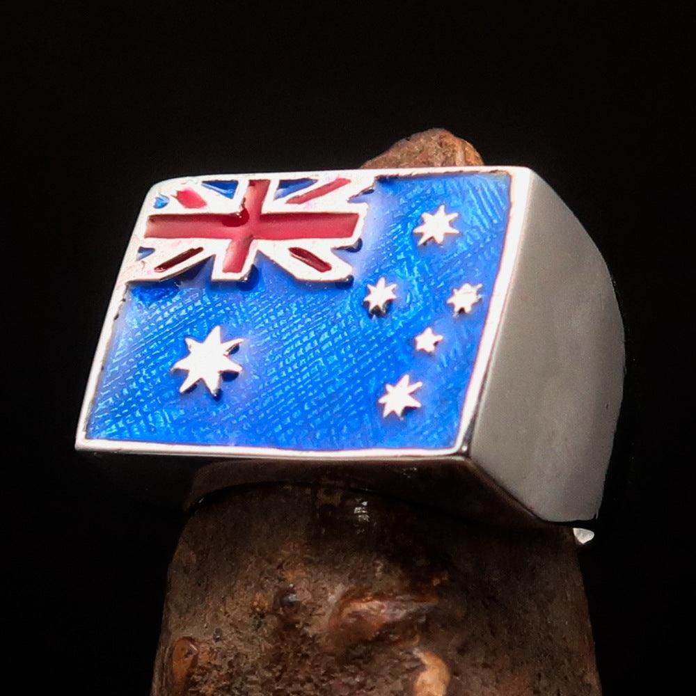 Men's sterling silver ring featuring the Australian flag with blue and red enamel accents, showcasing high polish and craftsmanship.