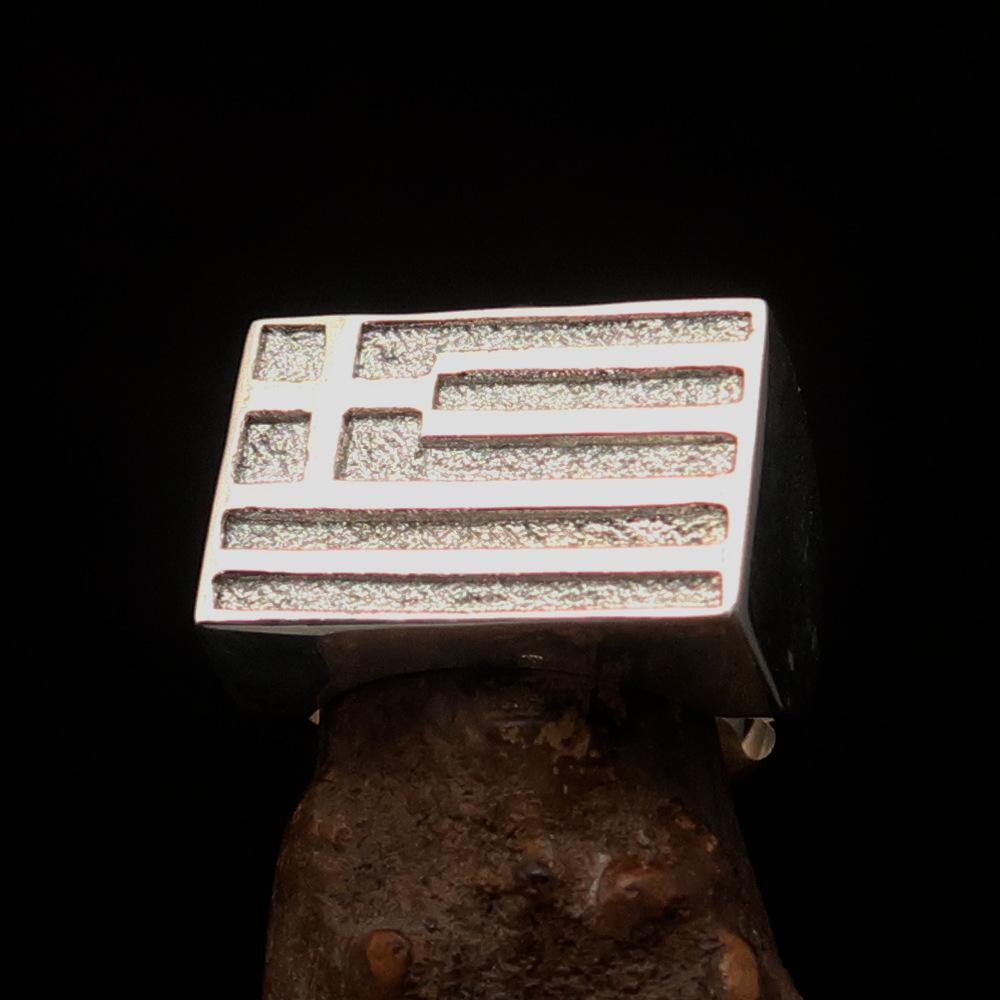 Men's Two-Tone Matte Sterling Silver Ring featuring the Flag of Greece, showcasing intricate design and high-quality craftsmanship.