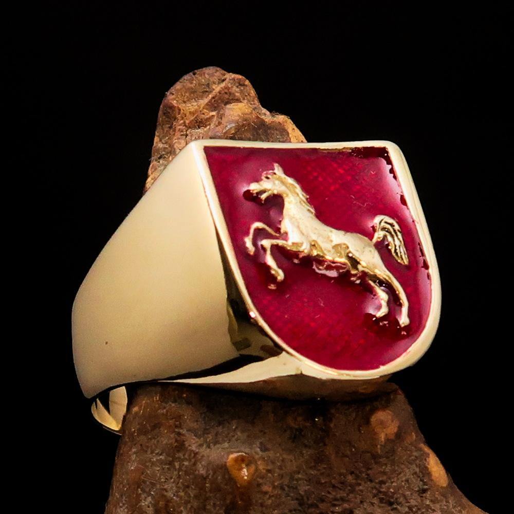 Men's Ring featuring Horse Coat of Arms design in solid brass with red enamel, showcasing a high polish finish.